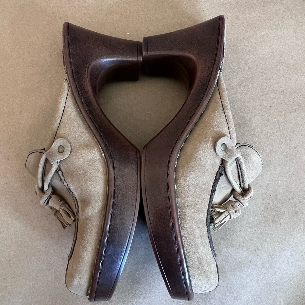 Light Brown Genuine Leather Heeled Slip On Clogs Tassels Women’s US 8.5 M - Picture 9 of 11